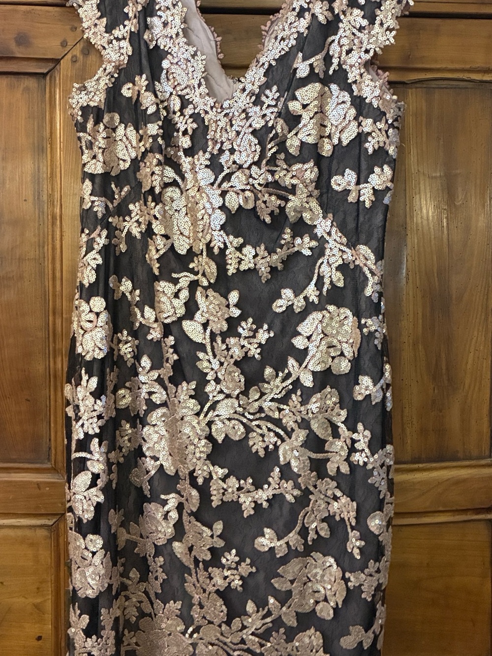 Elegant brown shimmering Tadashi Shoji with rose gold lace and sequin overlay.